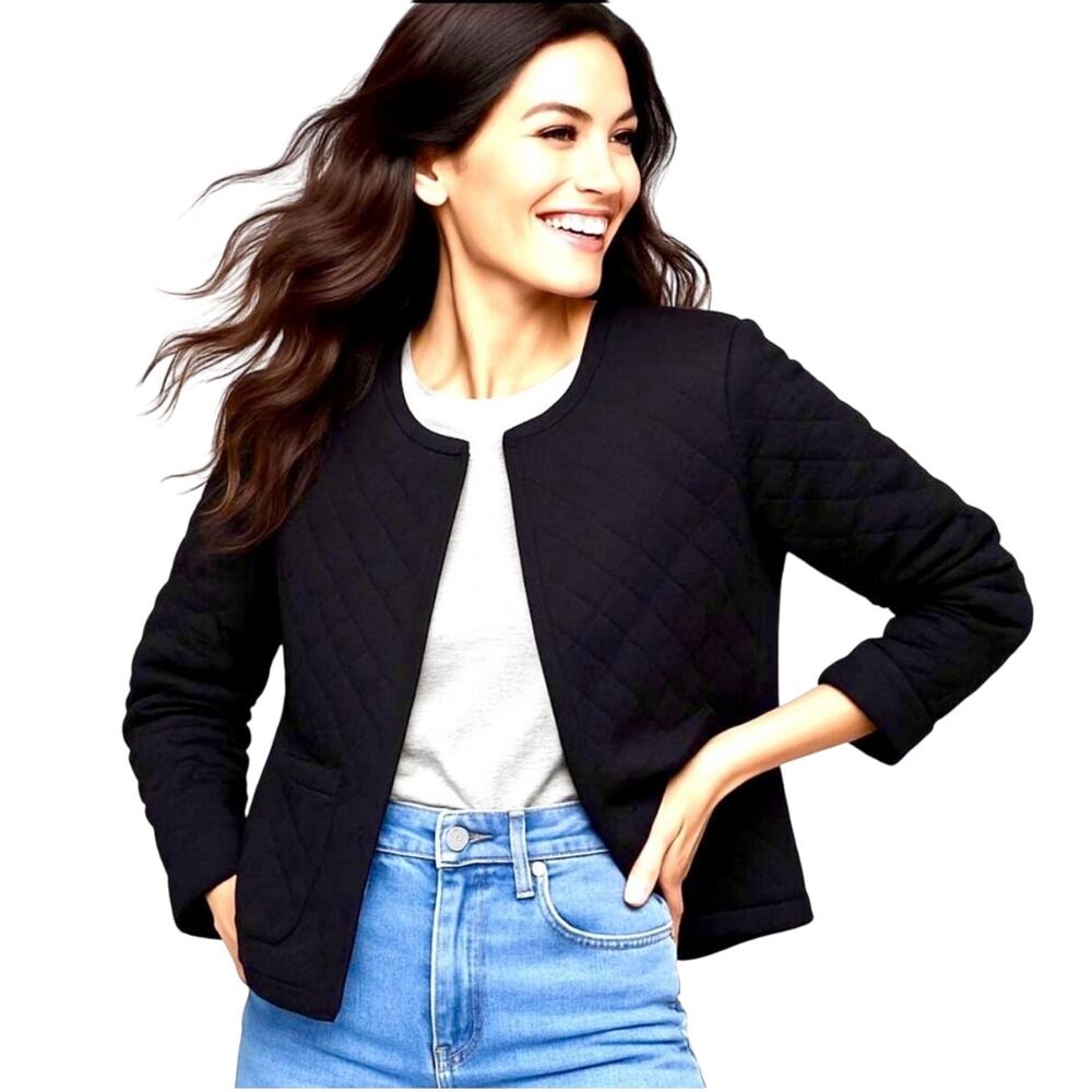 J Crew Ladies black quilted cardigan sweater, hook and eye closure, pockets, L